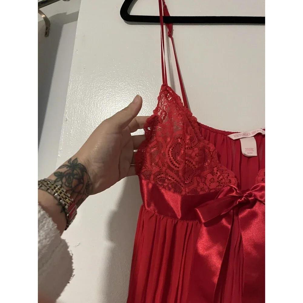 Vtg Victoria’s Secret Lingerie Red‎ Sheer Lace Satin Bow Sexy Women’s Sz M
